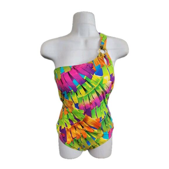 Trina Turk Polynesian Palms One-Piece Swimsuit One-Shoulder Size 6 Pre-Owned - Picture 4 of 11